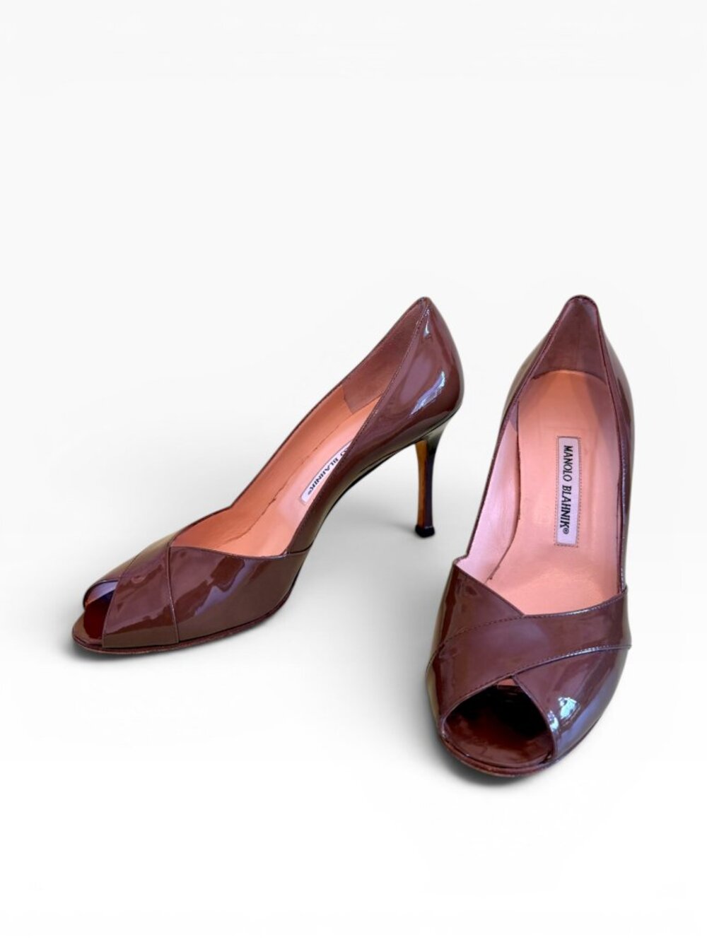 Manolo Blahnik Cognac Brown Patent Peep Toe Pumps 39.5 / 9
